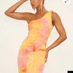 Lulu's Yellow and Pink Ruched Asymmetrical Cocktail Dress